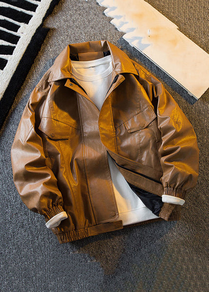 Original Brown Peter Pan Collar Solid Faux Leather Mens Coats Spring RN017 ABC