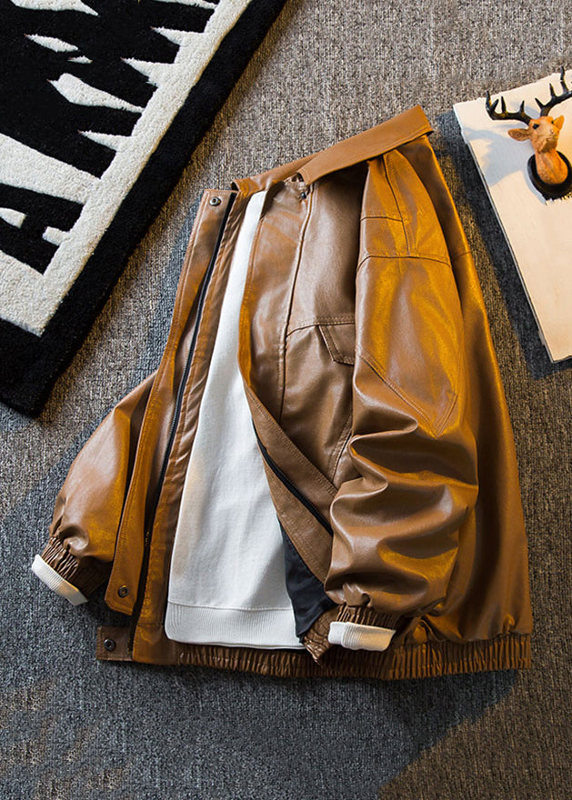 Original Brown Peter Pan Collar Solid Faux Leather Mens Coats Spring RN017 ABC