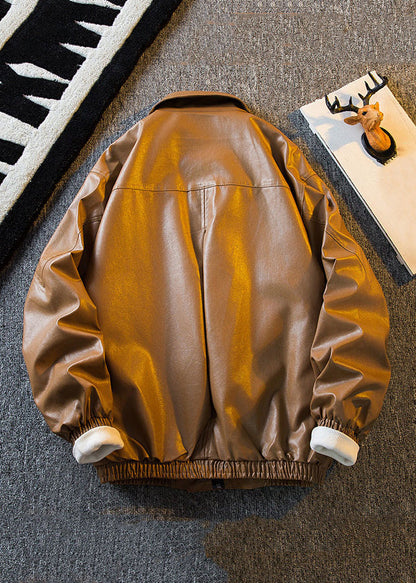 Original Brown Peter Pan Collar Solid Faux Leather Mens Coats Spring RN017 ABC