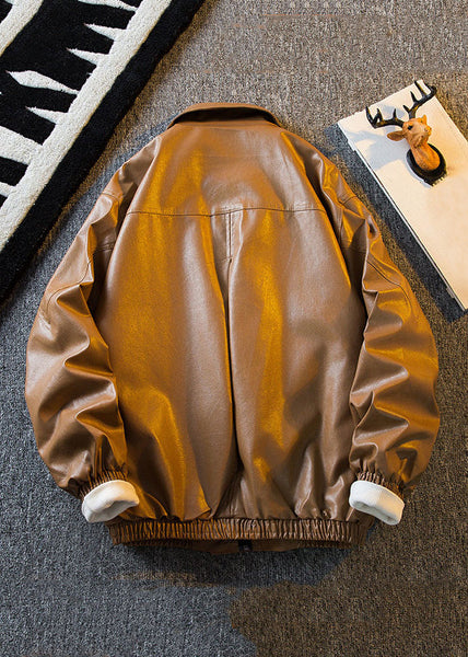 Original Brown Peter Pan Collar Solid Faux Leather Mens Coats Spring RN017 ABC