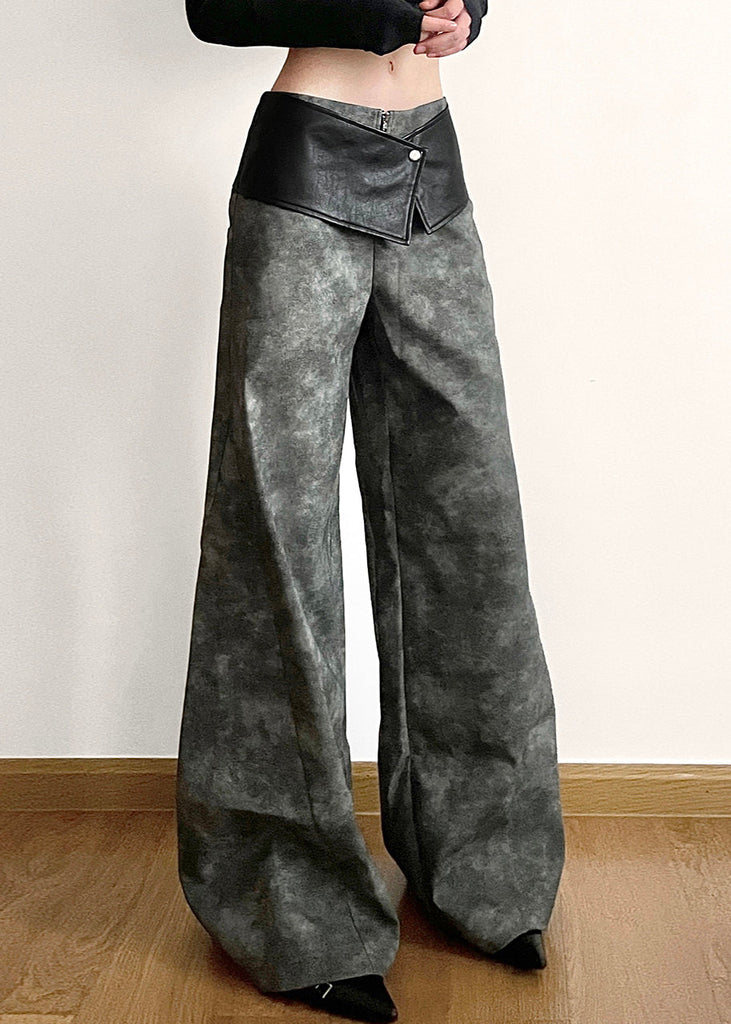 Original Dark Gray High Waist Patchwork Faux Leather Pants Fall PP025 OM-NZ240827