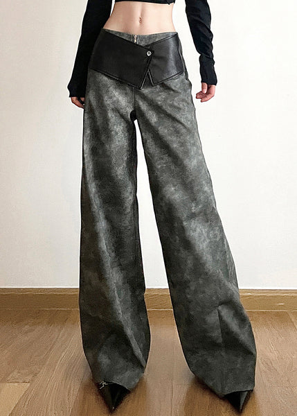 Original Dark Gray High Waist Patchwork Faux Leather Pants Fall PP025 OM-NZ240827