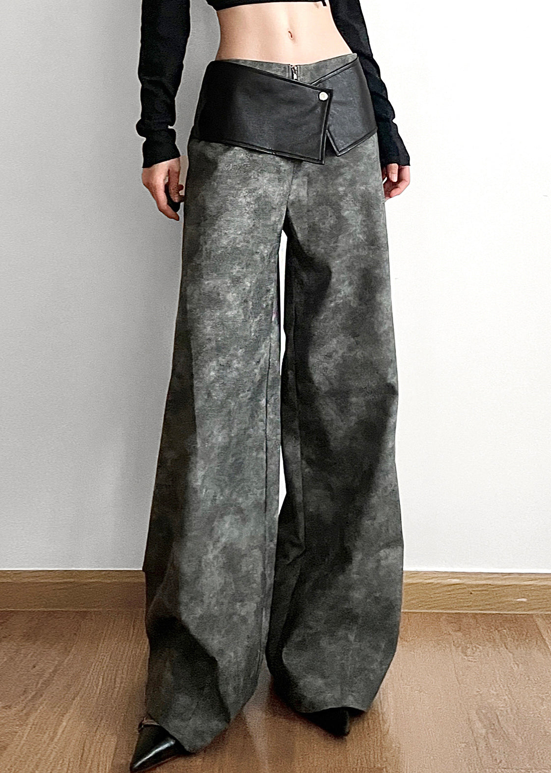 Original Dark Gray High Waist Patchwork Faux Leather Pants Fall PP025 OM-NZ240827