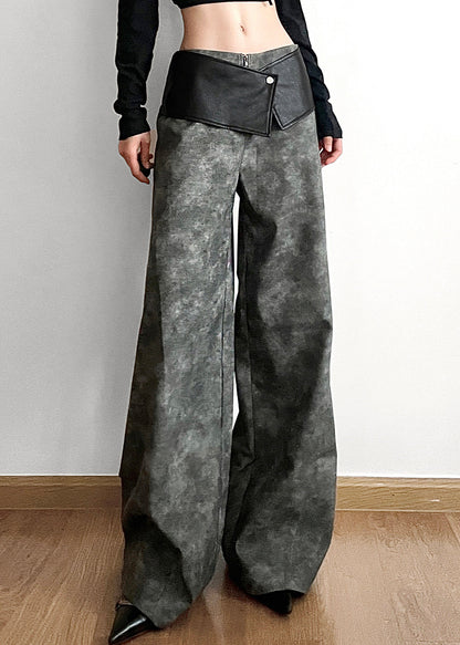 Original Dark Gray High Waist Patchwork Faux Leather Pants Fall PP025 OM-NZ240827