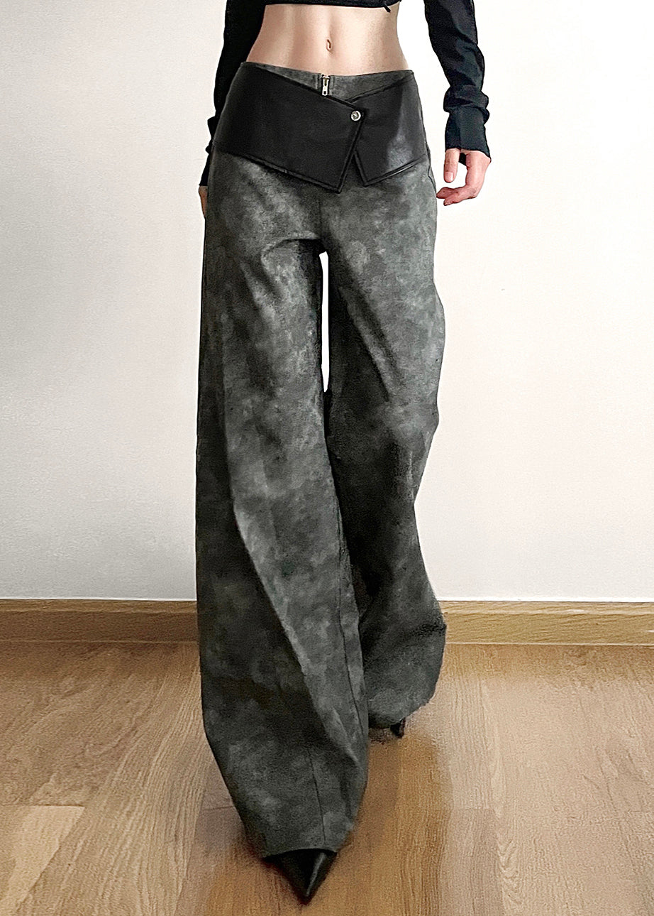 Original Dark Gray High Waist Patchwork Faux Leather Pants Fall PP025 OM-NZ240827