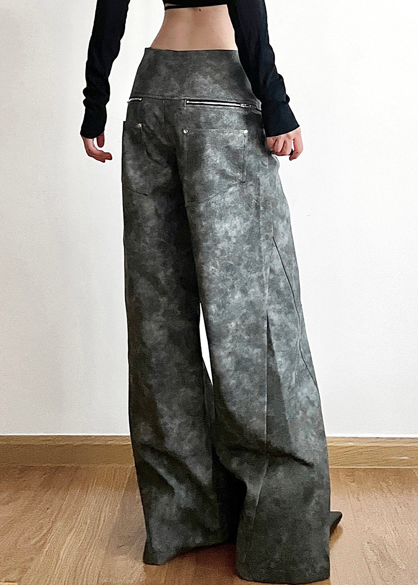 Original Dark Gray High Waist Patchwork Faux Leather Pants Fall PP025 OM-NZ240827