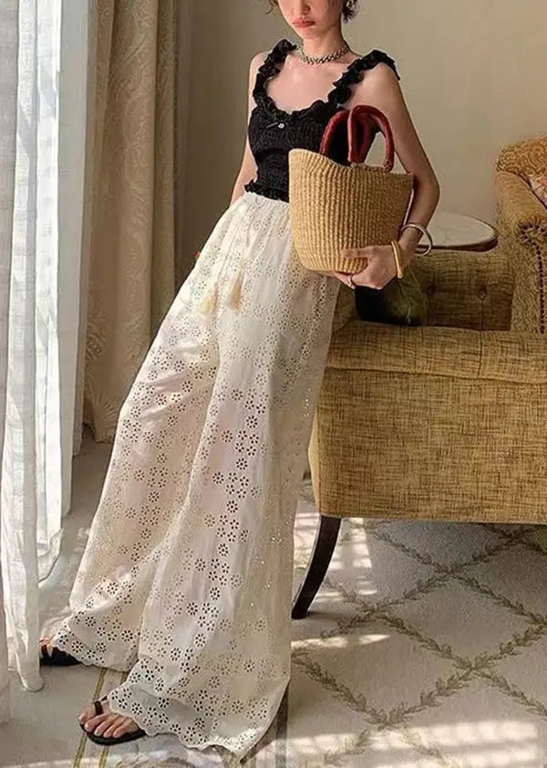 Original Design Apricot High Waist Hollow Out Lace Wide Leg Pants Summer HA1008 Ada Fashion