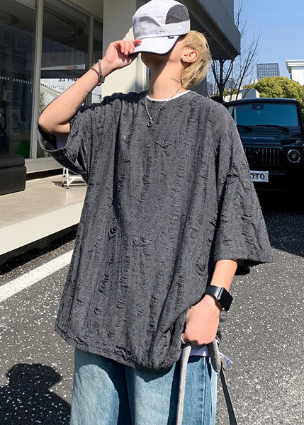 Original Design Beige O-Neck Ripped Cotton Men T Shirt Summer WA011 MENT241110