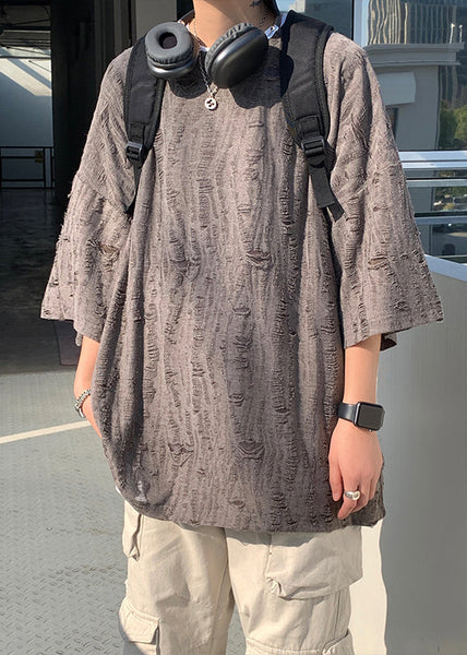 Original Design Beige O-Neck Ripped Cotton Men T Shirt Summer WA011 MENT241110