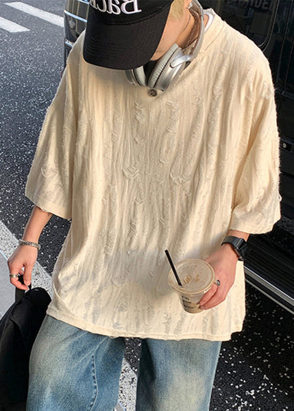Original Design Beige O-Neck Ripped Cotton Men T Shirt Summer WA011 MENT241110