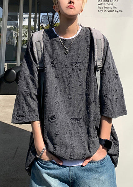 Original Design Beige O-Neck Ripped Cotton Men T Shirt Summer WA011 MENT241110