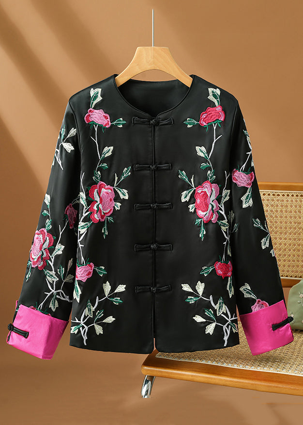 Original Design Black Embroidered Button Silk Coats Fall QG022 OM-CTS241016