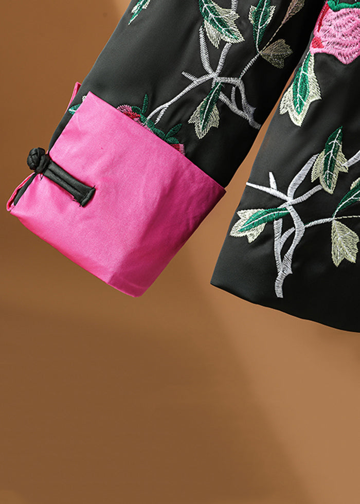 Original Design Black Embroidered Button Silk Coats Fall QG022 OM-CTS241016