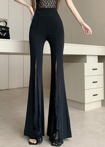 Draping Black Patchwork Trousers Original Design Flared Lace FashionChic