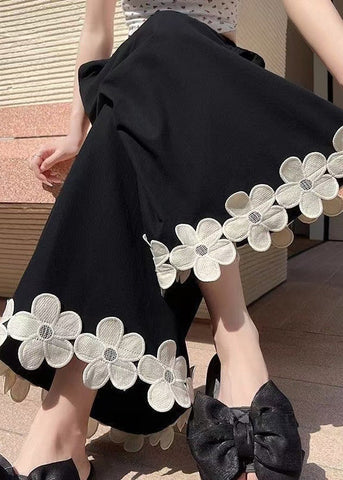 Patchwork Design Pants Leg Wide Cotton Black Original Floral FashionChic