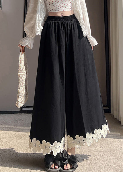 Patchwork Design Pants Leg Wide Cotton Black Original Floral FashionChic