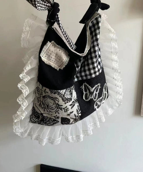 Original Design Black Lace Ruffles Patchwork Canvas Satchel Handbag WI029 Bag-BGS241105