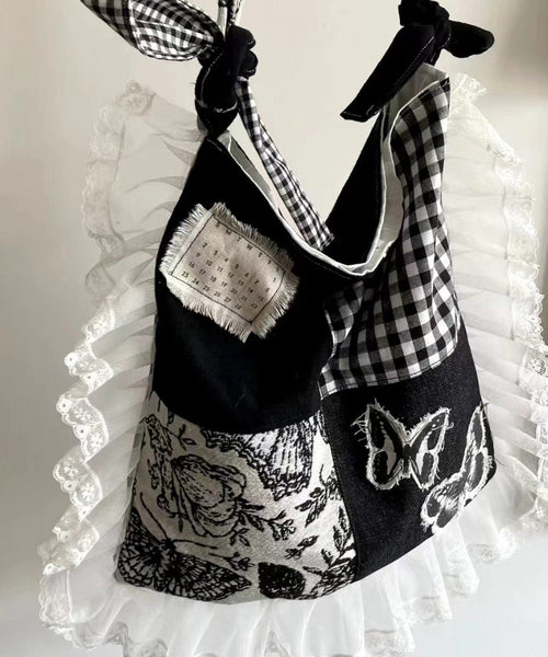 Original Design Black Lace Ruffles Patchwork Canvas Satchel Handbag WI029 Bag-BGS241105