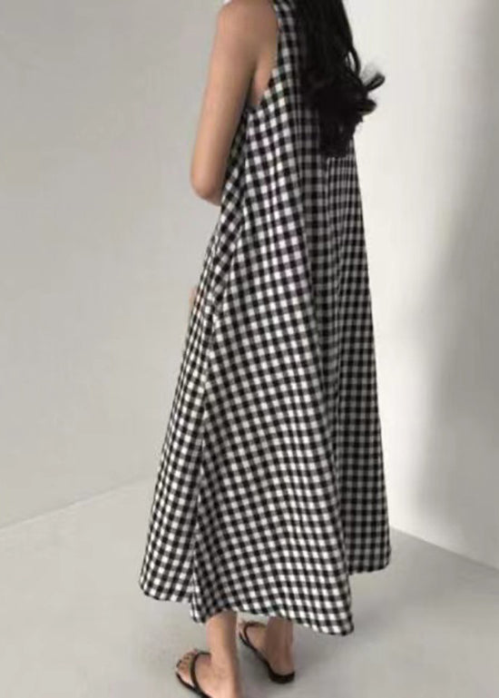 Original Design Black O Neck Plaid Cotton Long Dress Sleeveless AP040 GK-SDL240718