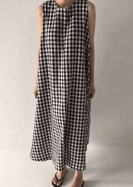 Original Design Black O Neck Plaid Cotton Long Dress Sleeveless AP040 GK-SDL240718