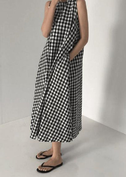 Original Design Black O Neck Plaid Cotton Long Dress Sleeveless AP040 GK-SDL240718