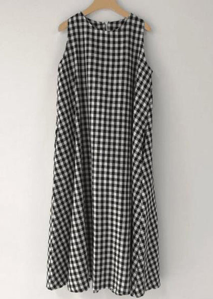 Original Design Black O Neck Plaid Cotton Long Dress Sleeveless AP040 GK-SDL240718