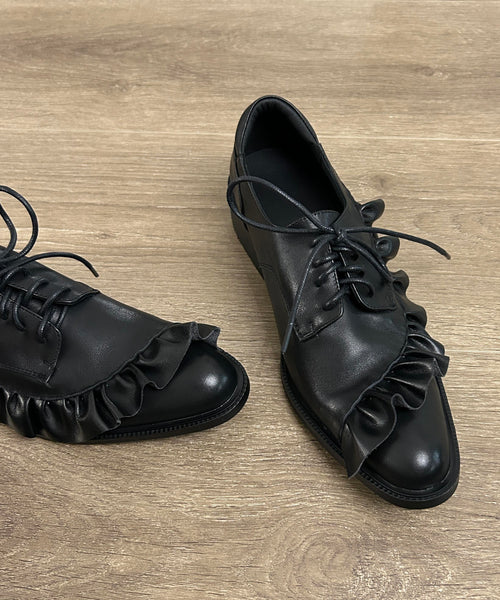 Original Design Black Ruffled Lace Up Splicing Flat Feet Shoes YC022 ABC