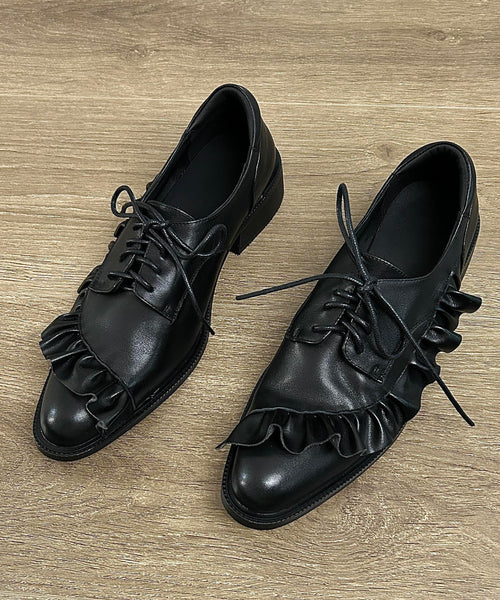 Original Design Black Ruffled Lace Up Splicing Flat Feet Shoes YC022 ABC