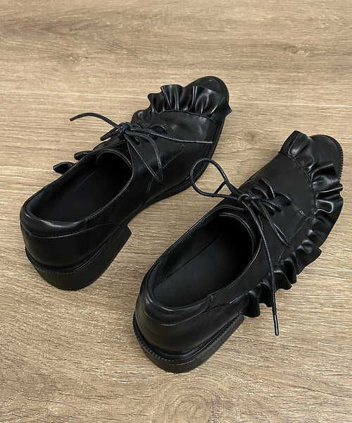 Original Design Black Ruffled Lace Up Splicing Flat Feet Shoes YC022 ABC