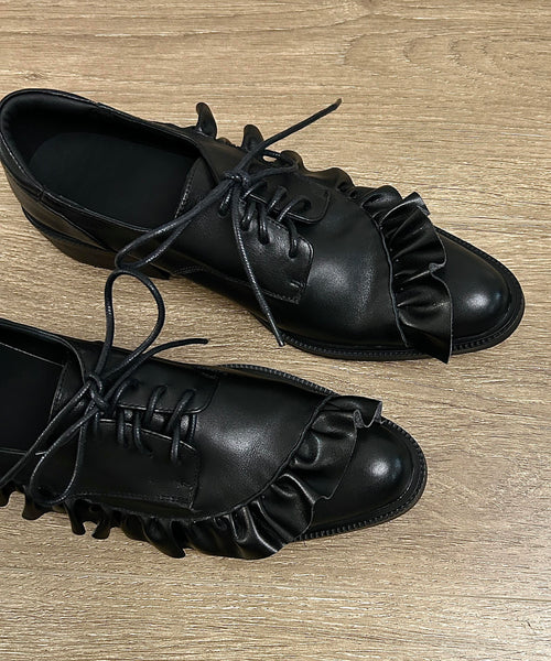 Original Design Black Ruffled Lace Up Splicing Flat Feet Shoes YC022 ABC