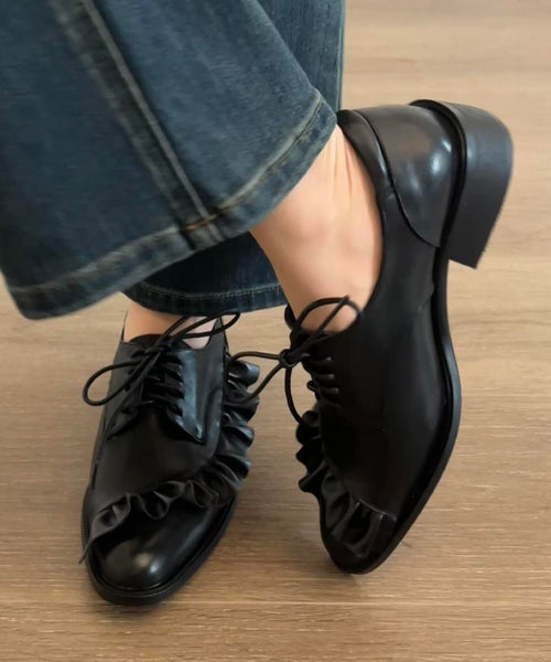 Original Design Black Ruffled Lace Up Splicing Flat Feet Shoes YC022 ABC