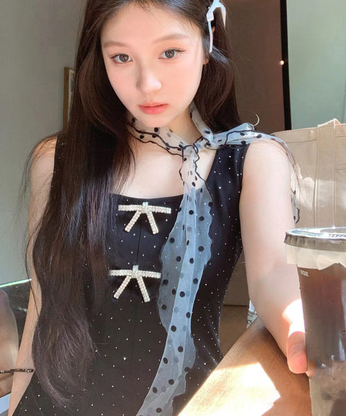 Original Design Black Tulle Dot Print Thin Silk Scarf YA009 ABC