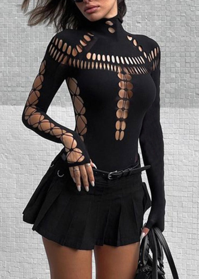 Black Original Turtleneck Tulle Hollow Out Bodysuit Design FashionChic