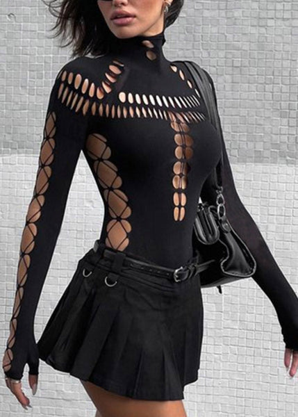 Black Original Turtleneck Tulle Hollow Out Bodysuit Design FashionChic