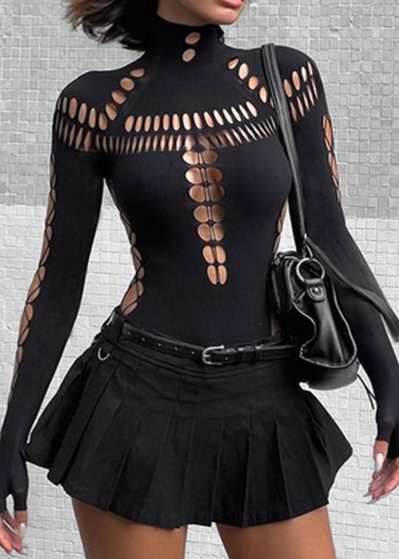 Black Original Turtleneck Tulle Hollow Out Bodysuit Design FashionChic