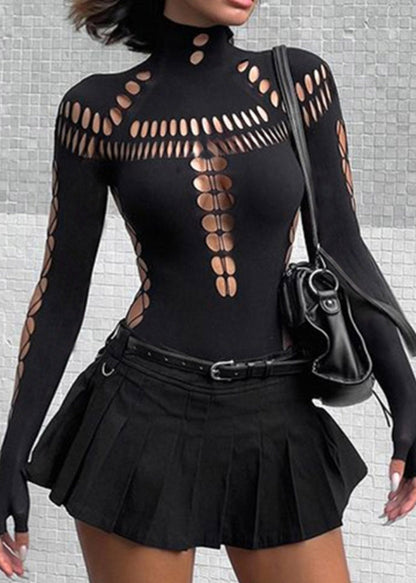 Black Original Turtleneck Tulle Hollow Out Bodysuit Design FashionChic