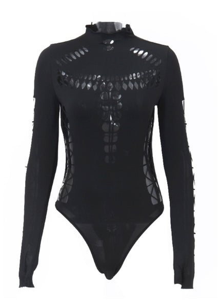 Black Original Turtleneck Tulle Hollow Out Bodysuit Design FashionChic