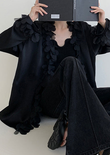 V Original Patchwork Design Neck Black Shirt Cotton Fall FashionChic