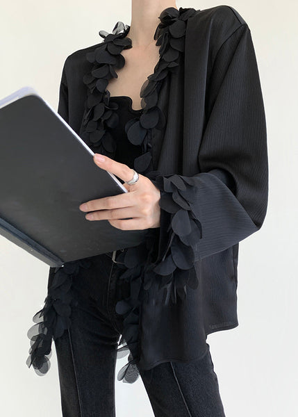 V Original Patchwork Design Neck Black Shirt Cotton Fall FashionChic