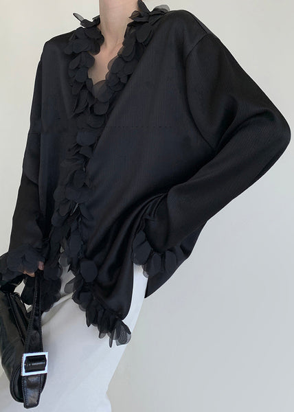 V Original Patchwork Design Neck Black Shirt Cotton Fall FashionChic