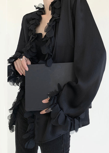 V Original Patchwork Design Neck Black Shirt Cotton Fall FashionChic