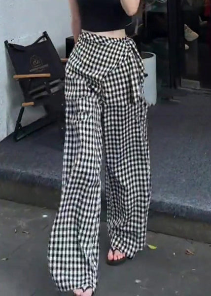 Plaid Waist High Pants Cotton Design Black Summer Original White FashionChic