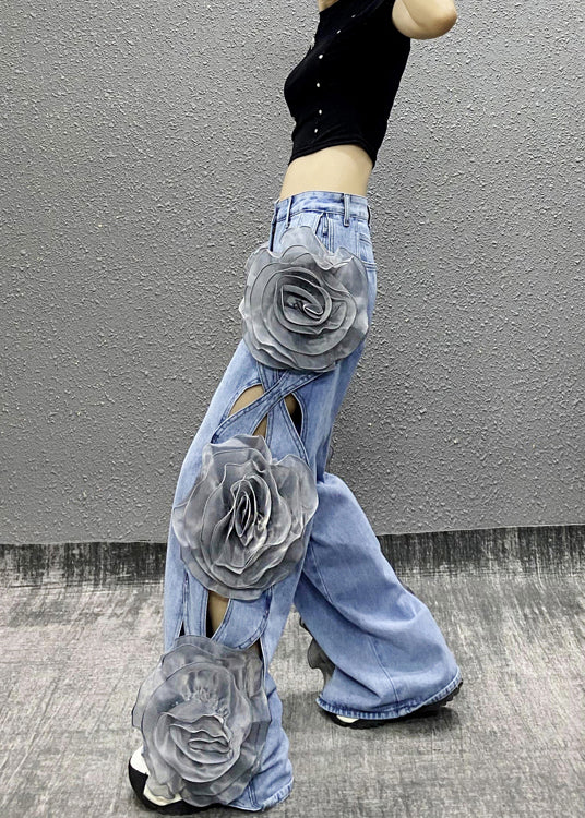 Original Design Blue Hollow Out Floral Denim Wide Leg Pants Fall RI035 ABC