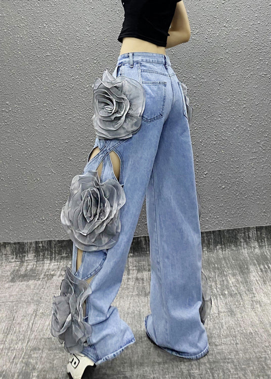 Original Design Blue Hollow Out Floral Denim Wide Leg Pants Fall RI035 ABC