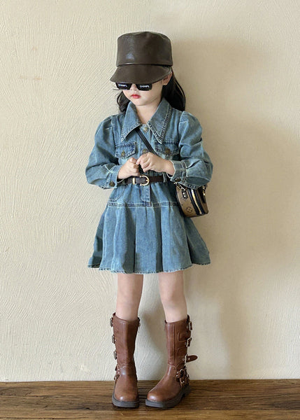 Original Design Blue Peter Pan Collar Button Girls Denim Mid Dresses Spring TV039