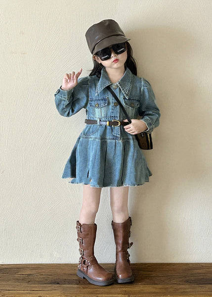 Original Design Blue Peter Pan Collar Button Girls Denim Mid Dresses Spring TV039