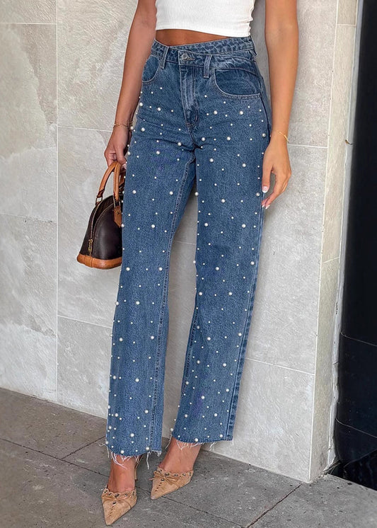 Original Spring Design Denim Bead Blue Nail Pants Pockets FashionChic