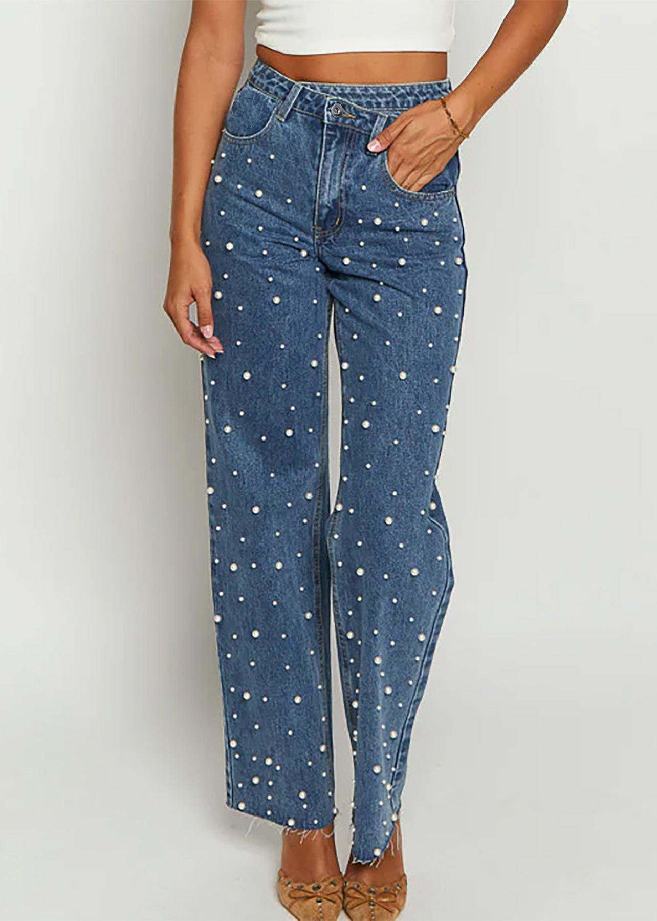 Original Spring Design Denim Bead Blue Nail Pants Pockets FashionChic