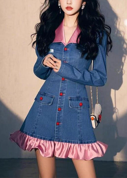 Original Design Blue Fall Wrinkled Denim Dress Mid Patchwork FashionChic