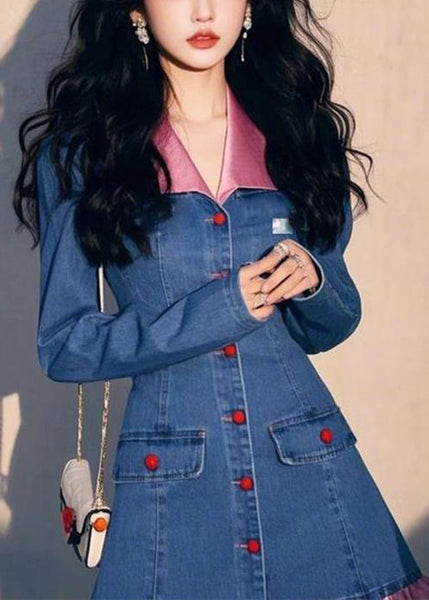 Original Design Blue Fall Wrinkled Denim Dress Mid Patchwork FashionChic